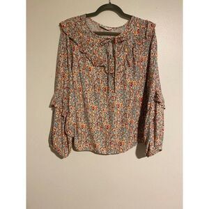 Sonoma Womens 1X Floral Blouse With Ruffled Neck & Sleeves Tie at Neck Career